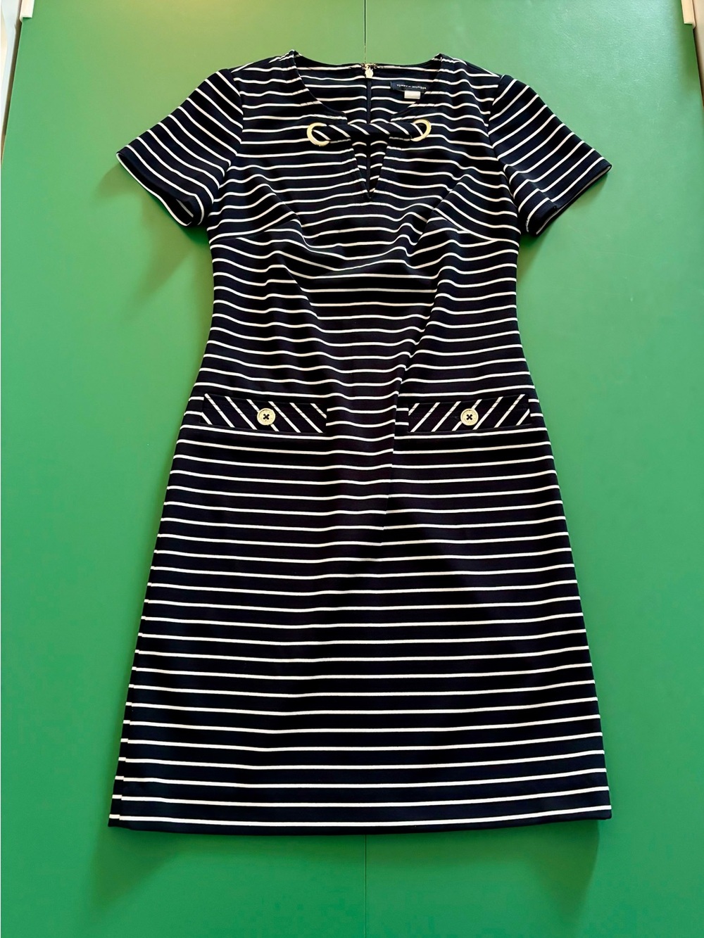 Tommy Hilfiger Women Size 0P Navy and White Striped Mini Dress